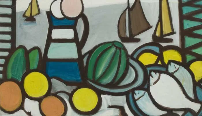STILL LIFE WITH FRUIT AND FISH by Markey Robinson, gouache on board, sold Mar 2010