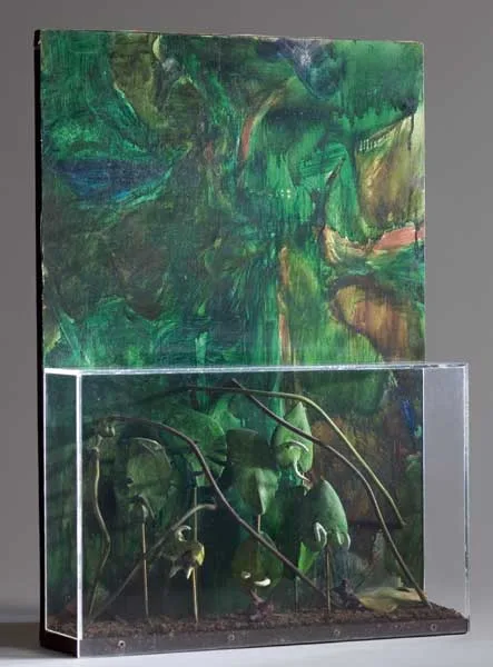 SLOW DANCE II by Barrie Cooke, 1976, oil on board; plastic box contains plastic, metal and ceranix plant life on half the picture, sold Mar 2010