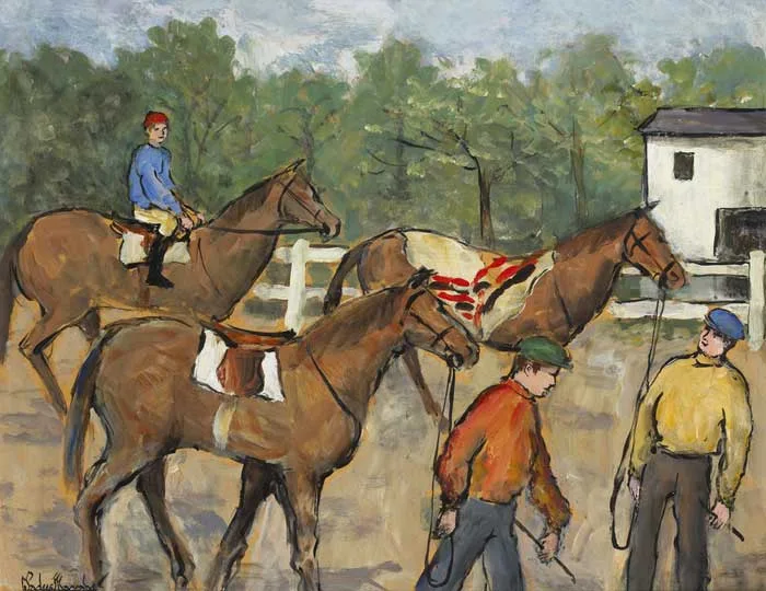 EXERCISING HORSES by Gladys Maccabe, oil on board, sold Mar 2010