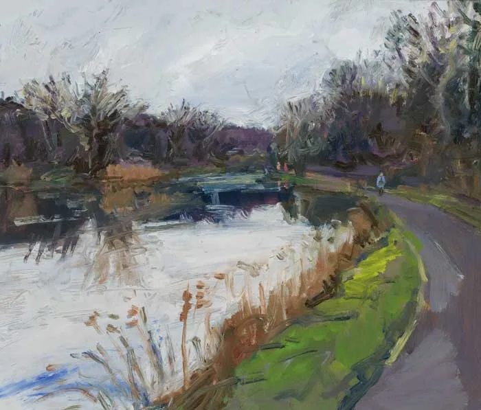 BY THE RIVER LAGAN by Robert Bottom, 2001, oil on board, sold Mar 2010