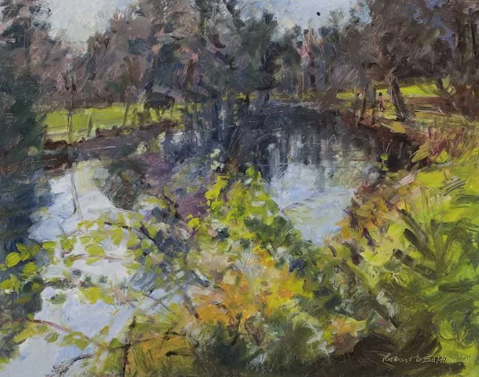 A WALK BY THE RIVER by Robert Bottom, 2001, oil on board, offered Mar 2010