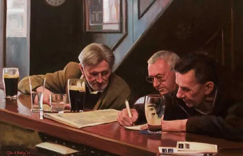 John A. Blakey, AFTERNOON RACING IN MULLEN'S BAR, COOTEHILL, COUNTY CAVAN, 2009, oil on canvas