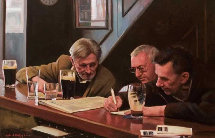 John A. Blakey, AFTERNOON RACING IN MULLEN'S BAR, COOTEHILL, COUNTY CAVAN, 2009, oil on canvas