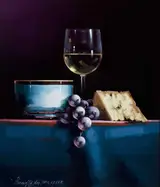 David Ffrench le Roy, STILL LIFE WITH CHEESE, WINE AND GRAPES