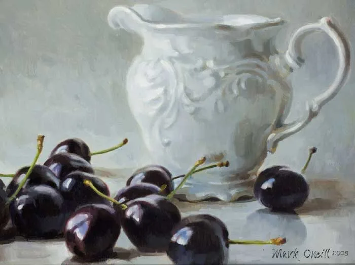WHITE JUG, BLACK CHERRIES by Mark O'Neill, 2008, oil on board, sold Mar 2010