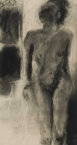 Sarah Longley, NUDE WITH VASE, 2001, charcoal on buff coloured paper