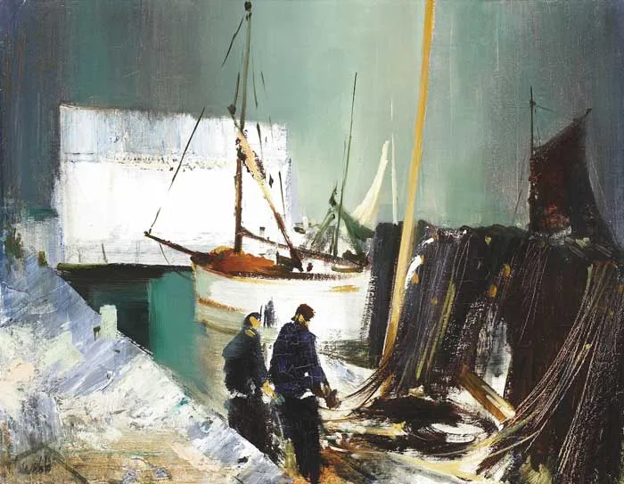 MENDING THE NETS by Kenneth Webb, oil on canvas, sold Nov 2009