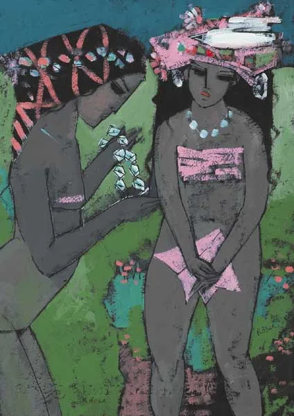 Andre Roder, TAHITIAN GIRLS, goauche and pen on card