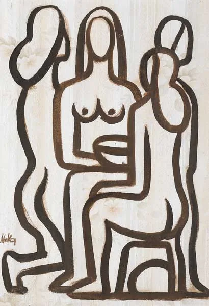 THREE NUDES by Markey Robinson, gouache and oil on embossed wallpaper, sold Nov 2009