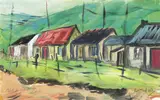 Tony O'Malley, HOLIDAY HUTS IN MARCH NEAR POULSHONE, COURTOWN, COUNTY WEXFORD