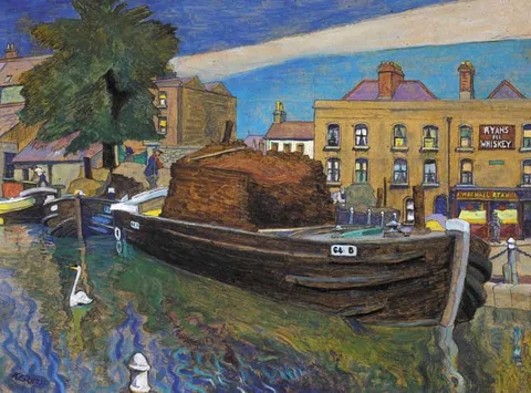 Harry Kernoff, PORTOBELLO HARBOUR, gouache and oil with pencil
