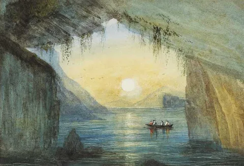 PIGEON CAVE, DONEGAL by Andrew Nicholl, watercolour over pencil, heightened with white, offered Nov 2009