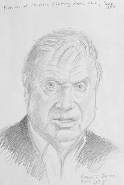 Kevin Geary, FRANCIS BACON AT MURIEL'S, COLONY ROOM CLUB, SOHO, 1984, pencil on paper