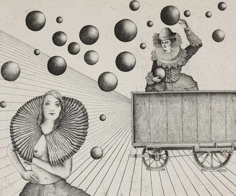 TRAINS BALLS by Andrzej Mazur, 2009, etching (no. 3 from an edition of 15), offered Nov 2009