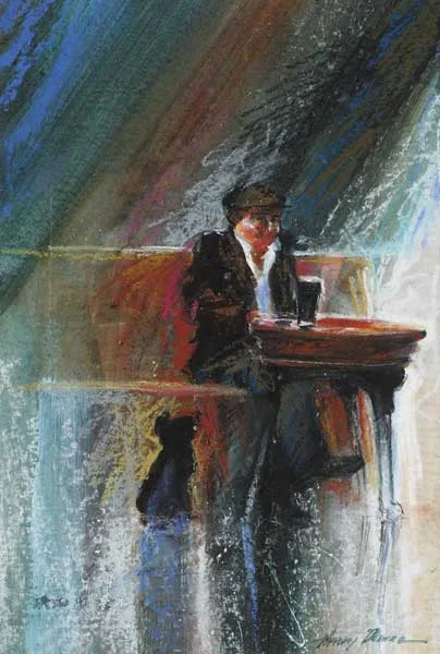 Henry Blackmore, MAN, DOG AND PINT, gouache and oil pastel on paper