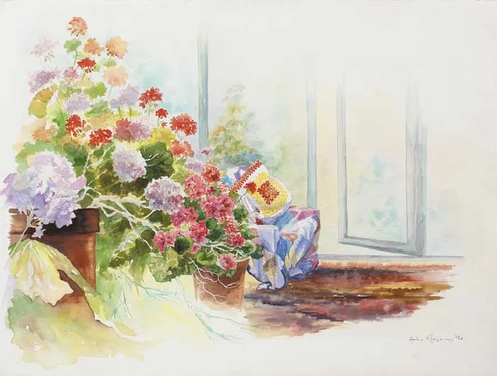 Helen Ridgeway, STILL LIFE WITH GERANIUMS, 1990, watercolour over pencil on paper