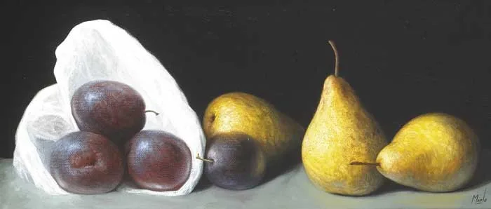 PLUMS AND PEARS by Stuart Morle, oil on canvas, sold Nov 2009