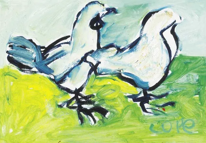 TWO BANTAM HENS by Elizabeth Cope, oil on board, sold Nov 2009