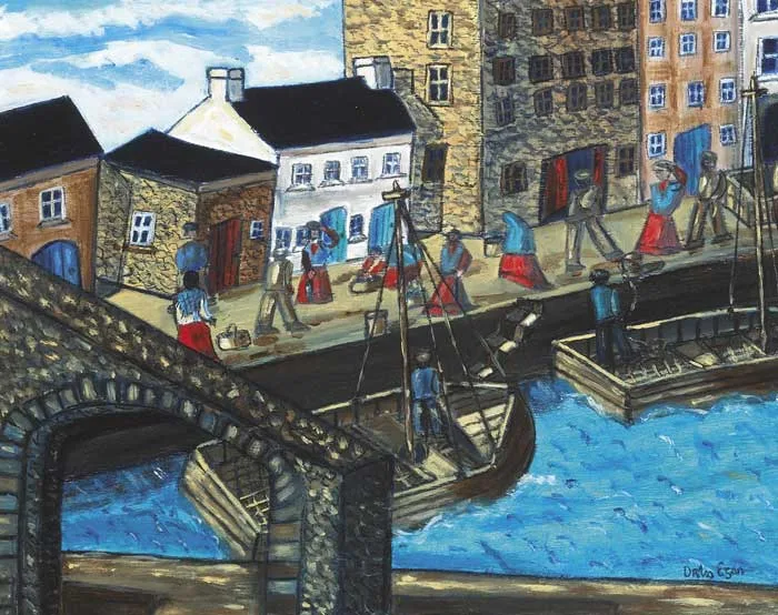 SORTING THE FISH, SPANISH ARCH by Orla Egan, oil on board, sold Nov 2009
