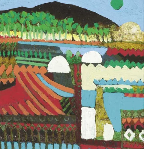 Padraig Mac Miadhachain, THE VILLAGE OF DATE PALMS AND CARPET COLOURS AT TOZOUR, TUNISIA, 1982, oil on board