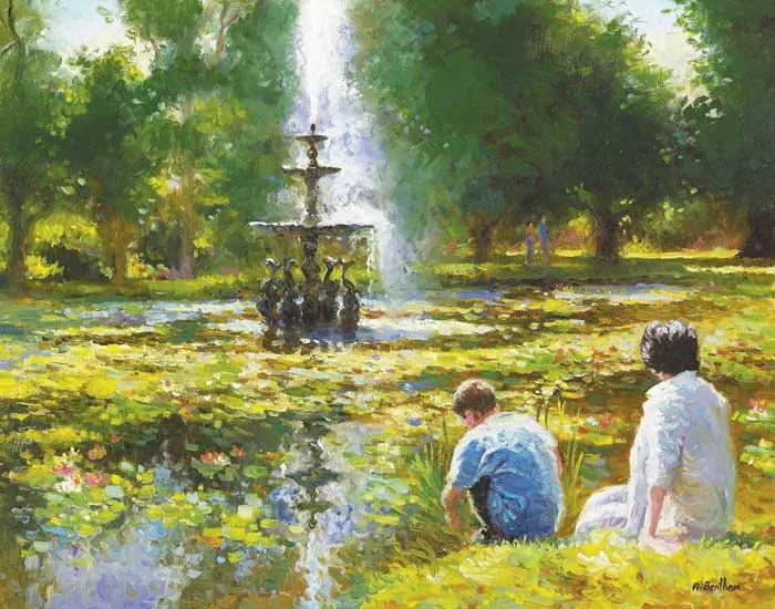 Rick Bentham, RELAXING BY THE POND, POWERSCOURT, COUNTY WICKLOW, oil on canvas