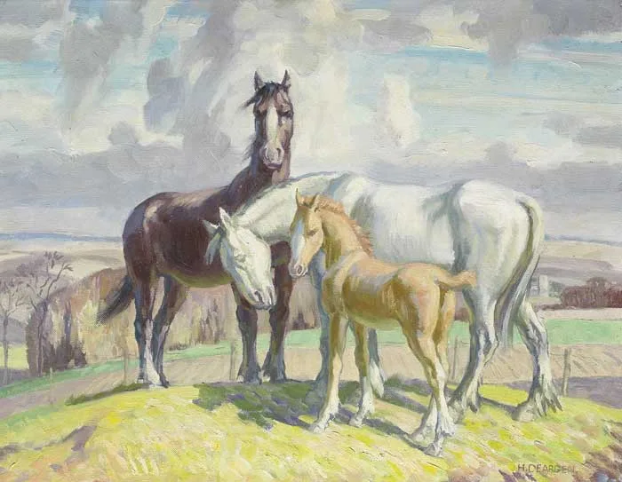 Harold Dearden, HORSES GRAZING, WEST LEAZE, SWINDON, oil on canvas