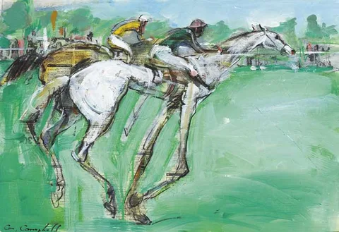 Cornelius Campbell, HORSE RACING, oil on canvas with collage and charcoal
