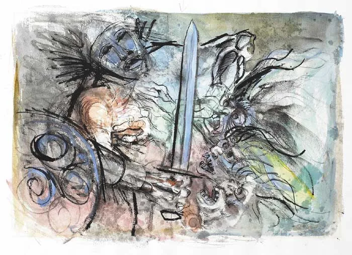 Charles Cullen, WARRIOR WITH SWORD FIGHTING DEMONS, ink and gouache over pencil