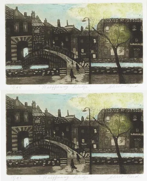 HUBAND BRIDGE and HA'PENNY BRIDGE, 1976 (A PAIR) by Chris Reid, etching; the first, no. 13 from an edition of 15; the second, no. 15 from an edition of 45, sold Nov 2009