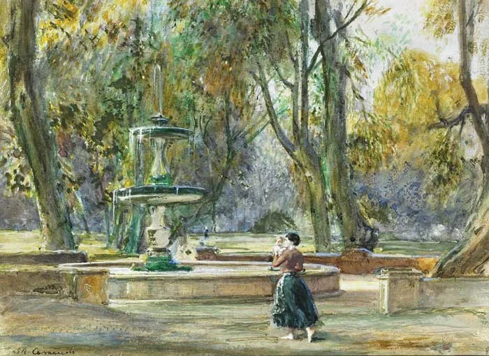 THE BORGHESE GARDENS, ROME by S.A. Caracciolo, watercolour heightened in white, offered Nov 2009