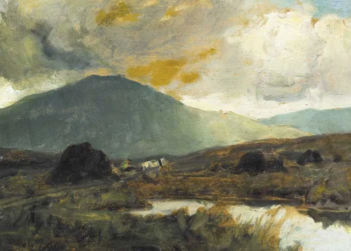 PEAT STACKING by Charles McAuley, oil on board, sold Nov 2009