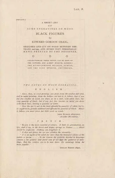 BLACK FIGURES, A SHORTLIST OF SOME ENGRAVINGS ON WOOD (1907-1919) by Edward Gordon Craig, single leaf folded to make four pages, printed on all four sides, offered Nov 2009