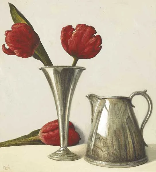 RED TULIPS by Stuart Morle, oil on canvas laid on board, sold Sep 2009