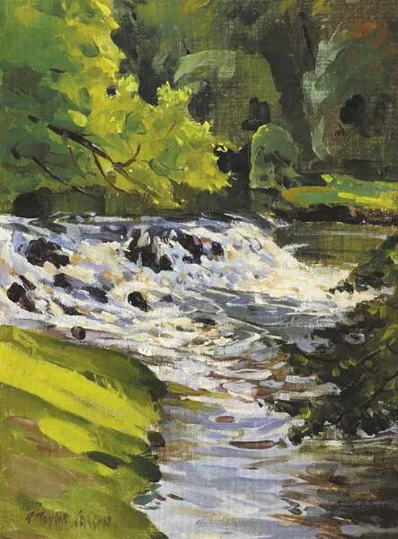 NORTH AMERICAN RIVER by Robert Taylor Carson, oil on masonite board, sold Sep 2009