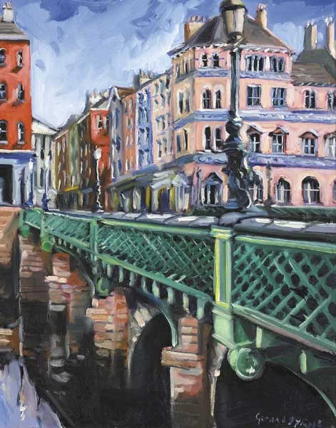 VIEW OVER CAPEL STREET BRIDGE TOWARDS PARLIAMENT STREET, DUBLIN by Gerard Byrne, oil on canvas, sold Sep 2009