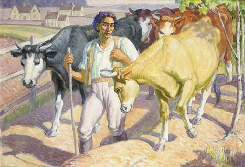 Harold Dearden, MILKING TIME, oil on canvas
