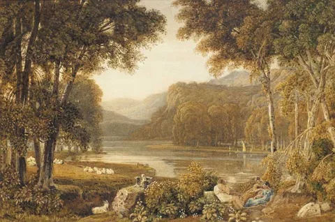 George Barret Junior, ARCADIA, watercolour over pencil heightened with bodycolour, scratching out, stopping out and gum arabic