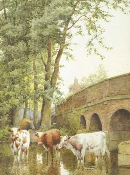 William Sidney Cooper, WATERING CATTLE, 1914, watercolour