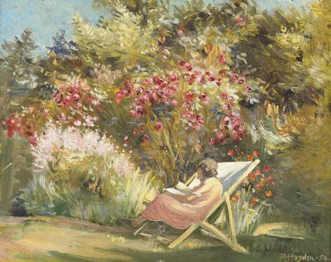 Adrian Murray-Hayden, READING IN THE GARDEN, 1954, oil on canvas board
