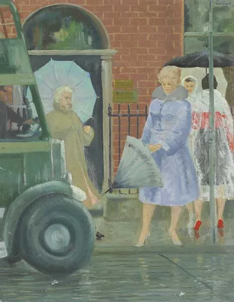 BOARDING THE BUS, DUBLIN by Patrick Leonard, oil on canvas, sold Sep 2009