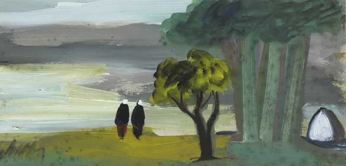 SHAWLIES AND TREES by Markey Robinson, oil and gouache on board, sold Sep 2009
