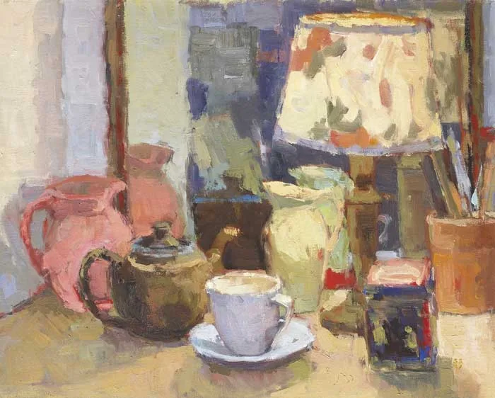 STILL LIFE WITH LAMPLIGHT by Sarah Spackman, 1987, oil on canvas, sold Sep 2009