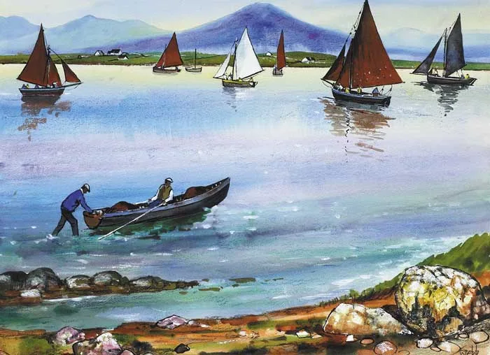 GALWAY HOOKERS by Kenneth Webb, watercolour with pen and ink and heightened with white, sold Sep 2009