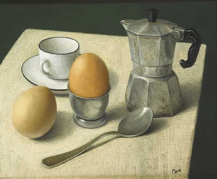 STILL LIFE WITH COFFEE AND EGGS by Stuart Morle, oil on canvas board, sold May 2009