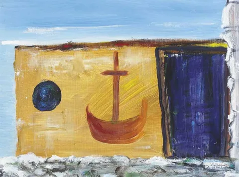 Veronica Bolay, LITTLE BOAT ON A SHED I, oil on canvas board