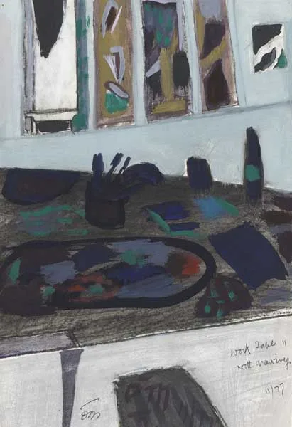 WORK TABLE II WITH DRAWING by Tony O'Malley, 1977, gouache and charcoal on paper, offered May 2009