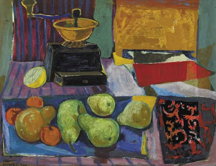 STILL LIFE WITH FRUIT by Gerard Dillon, oil on board, offered May 2009