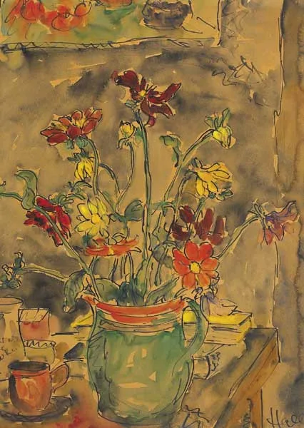 Kenneth Hall, STILL LIFE WITH FLOWERS AND TEA CUP, watercolour, pen and ink on paper