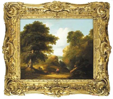 James Arthur O'Connor, TRAVELLER IN EXTENSIVE WOODED MOUNTAIN LANDSCAPE, oil on canvas