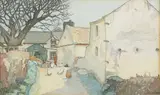 Muriel Brandt, FARMHOUSE WITH CHICKENS FEEDING